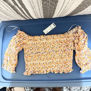 Urban Outfitters Floral Smocked Blouse - Yellow and Blue